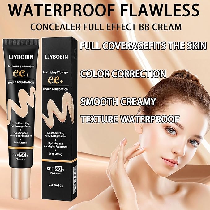 Hydrating CC Cream with SPF 50+ PA++++,Waterproof Flawless Concealer Full Coverage BB Cream for All Skin Types,Long Lasting Moisturizing Full Coverage Liquid Foundation for Men & Women(Natural)