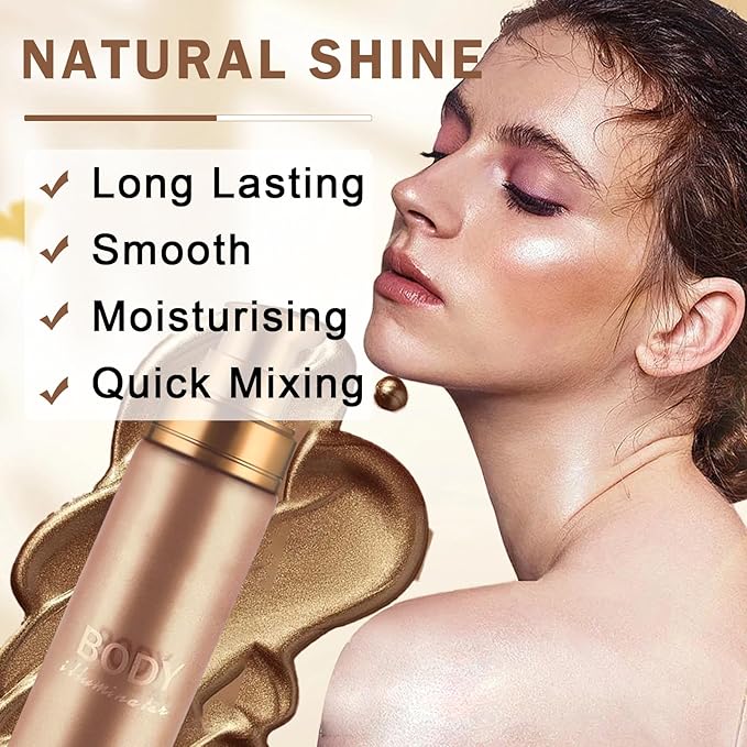 Body Shimmer Oil Body Luminizer Glow For Face,Moisturizing Smooth Shimmer Body Lotion Waterproof Liquid Highlighter Makeup with Makeup Brush-101 Rose Gold