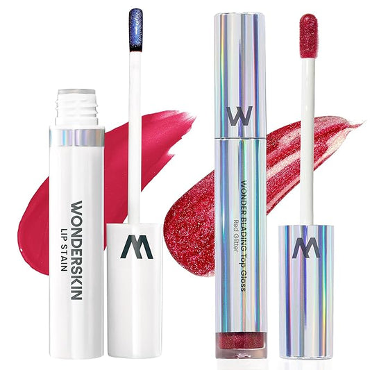 Wonderskin Wonder Blading Lip Stain Peel Off Masque - Long Lasting, Waterproof (First Kiss) with Top Gloss - Red Glitter Lip Gloss, Hydrating and High Shine Finish