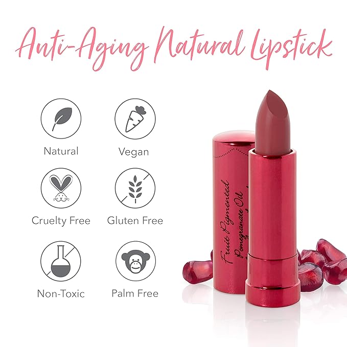 100% PURE Pomegranate Oil Anti-Aging Lipstick Long Lasting, Vibrant Makeup - Moisturizing Cocoa Butter Satin Finish - Vegan Fruit Pigmented Clover Color (Deep Neutral Pink Nude) - 0.15 oz