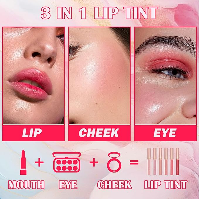 6 Colors Lip Tint Stain Set,Mini Liquid Lipstick Moisturizing Long Lasting Plumping High Pigmented Lip Gloss Set,Lightweight Non-Stick Cup Matte Lipstick for Waterproof Cheek and Lip Tint Makeup E