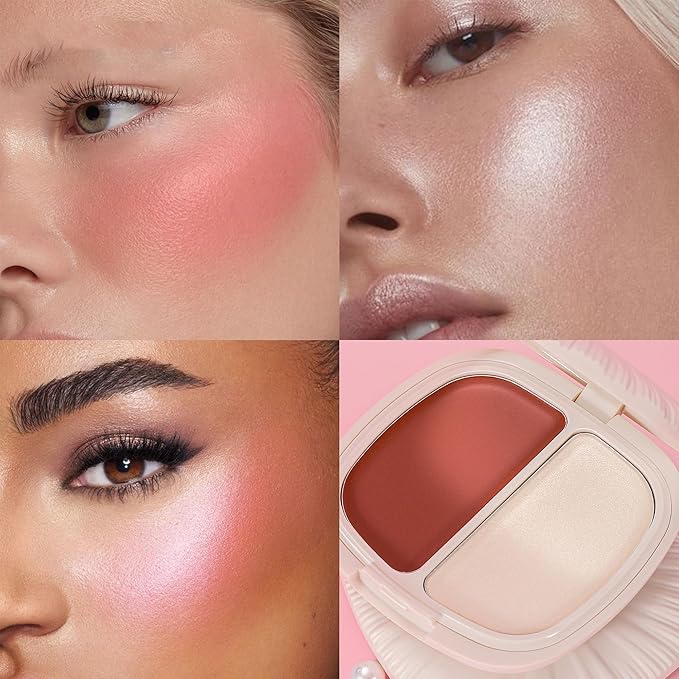 2 in 1 Highlight Blush Palette, Blendable Blush & Highlighter Set Shimmery Metallic Finish, Long-lasting Waterproof Multi-purpose Contour & Highlight Blush Makeup Palette (06)