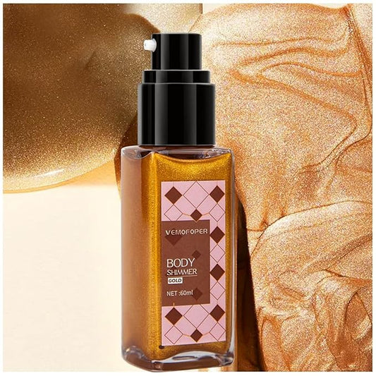 Body Glow Shimmer Body Oil Liquid Highlighter, Gold Shimmering Body Lotion Glitter Luminizer Moisturizing Waterproof, Natural Skin Shimmer For Body and Face Makeup Women Men (60ml/2 oz)