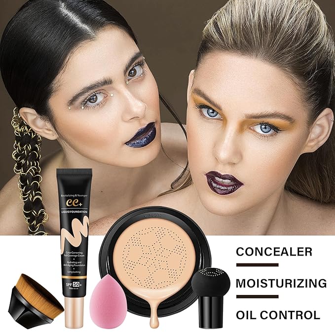 2PCS Mushroom Head Air Cushion CC Cream, Moisturizing Lasting Oil Control BB Cream for All Skin Types, Full Coverage Concealer Liquid Foundation Face Makeup Set with Foundation Brush & Makeup Sponge B