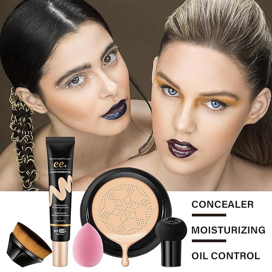 2PCS Mushroom Head Air Cushion CC Cream, Moisturizing Lasting Oil Control BB Cream for All Skin Types, Full Coverage Concealer Liquid Foundation Face Makeup Set with Foundation Brush & Makeup Sponge B
