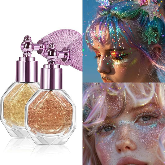 Shimmering Highlighter Powder Spray, Sparkle Powder High Gloss Spray for Face Body & Hair, Long-lasting Glitter Waterproof Face Highlighter Spray for Women Party or Daily Wear, #02