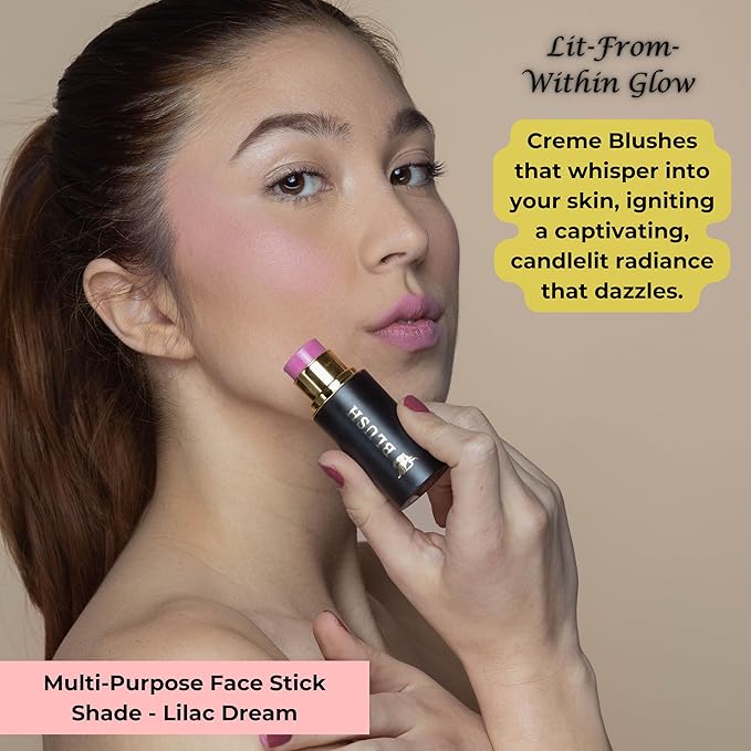 Cream Blush Stick – Buildable High Pigment Color - Cheeks, Lips & Eyes – Hydrating w. Shea Butter, Vit-E, Hyaluronic Acid, Squalane, Multi-Purpose, Gift, Summer Glow (Lilac, Regular)