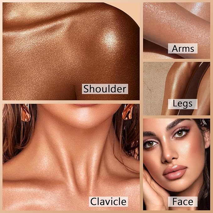 Body Shimmer Oil, Golden Brown Body Luminizer Face Brighten Highlighter Liquid Illuminator with Makeup Brush, Long Lasting Moisturizing Body Glitter Oil for Makeup (3.38 Fl Oz/#04)