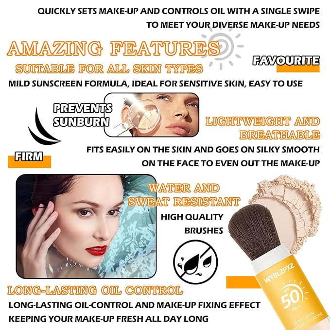 Mineral Sunscreen Setting Powder SPF50 PA++ for Face,Long-Lasting Oil Control Sunscreen Brush Powder,Matte Transparent Facial Powder Sunscreen,All Skin