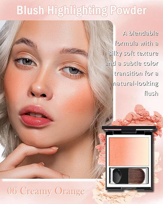 Shimmer Orange Blush for Cheek, Multiuse Baked Powder Blush Palette for Blusher&Highlighter&Eyeshadow, Lightweight Long-Lasting High Glossy Finish, Blendable Gradient Blusher, Makeup Gift for Women-06