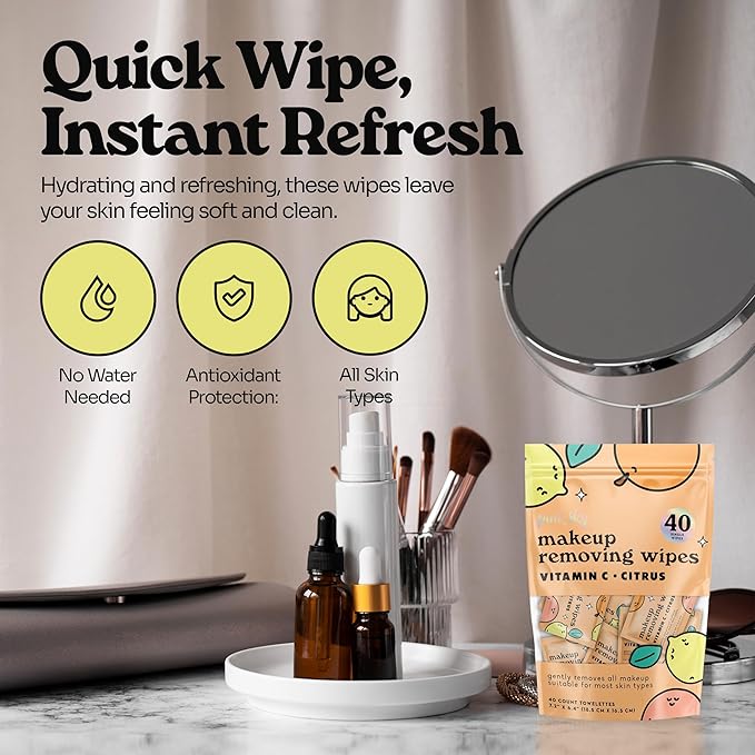 Pink Sky Makeup Remover Wipes for Face - Ultra Soft, Mini Makeup Wipes Individually Wrapped, Travel Makeup Wipes, Gently Cleanse & Remove, 40 Count (40 Wipes, VITAMIN C & CITRUS)