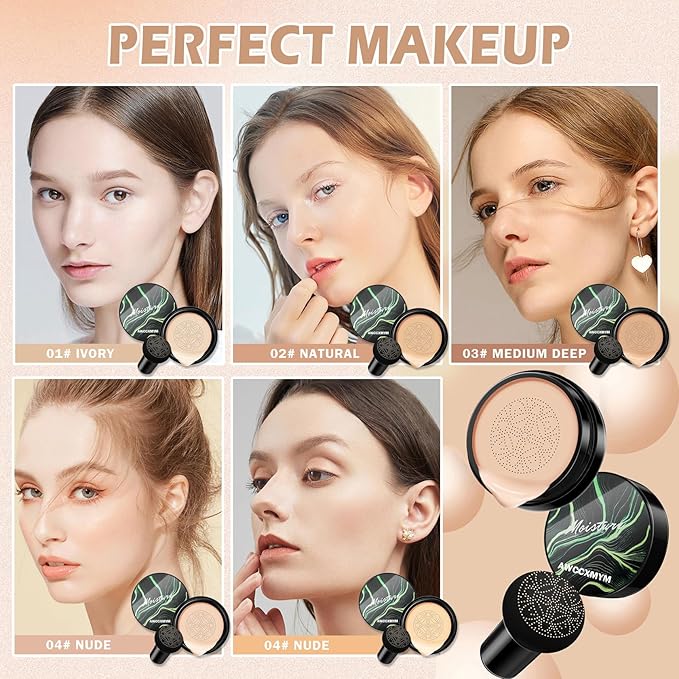 AWCCXMYM CC Cream Cushion Foundation Full Coverage Foundation Matte Moisturizing Concealer BB Cream Foundation Makeup with Mushroom Head for Glowing Flawless Skin Radiance 01#Ivory (Porcelain)