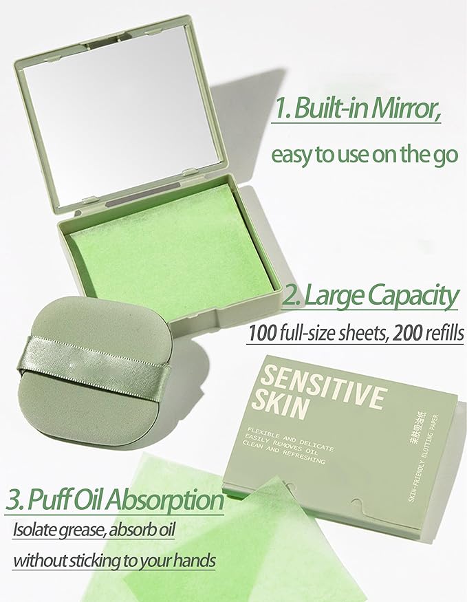 Oil Blotting Paper - 300 Sheets w/Mirror, Puff & Refills, Absorbs Excess Face Oil, Controls Shine, Gentle for Makeup Use.