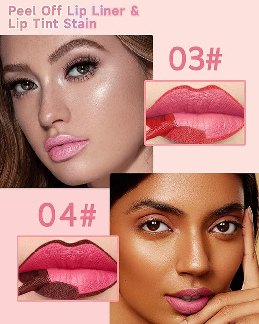 Peel Off Lip Liner Stain Set, 2Pcs Waterproof Lip Tattoo Peel Off Lip Tint Stain, Long Lasting Transfer-Proof Non Stick, Matte Finish High Pigmented Color Peel & Reveal Lips Gloss Makeup for Women-3,4