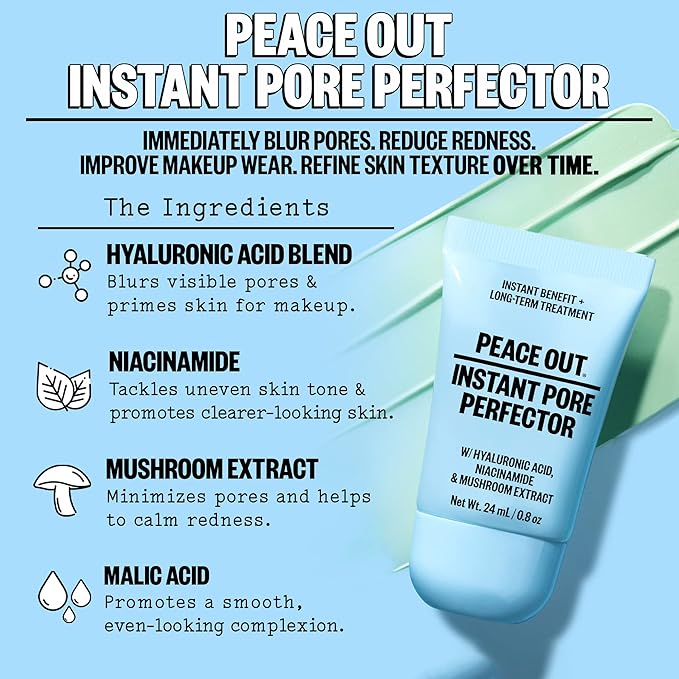 PEACE OUT Skincare Instant Pore Perfector, Skin Primer to Blur Pores, Reduce Redness and Extend Makeup Wear, Instant Filter Finish, Hyaluronic Acid and Niacinamide, Silicone-Free, 0.8 Oz