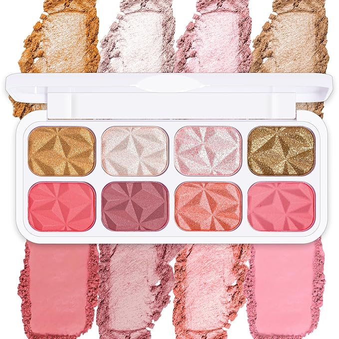 8 Colors Blush Palette Makeup, Face Highlighters Contouring Powder, Shimmer Bronzer Rubores De Maquillaje for Cheeks, Mineral Blushes Highlighting Shades Waterproof Illuminator Women Cosmetics