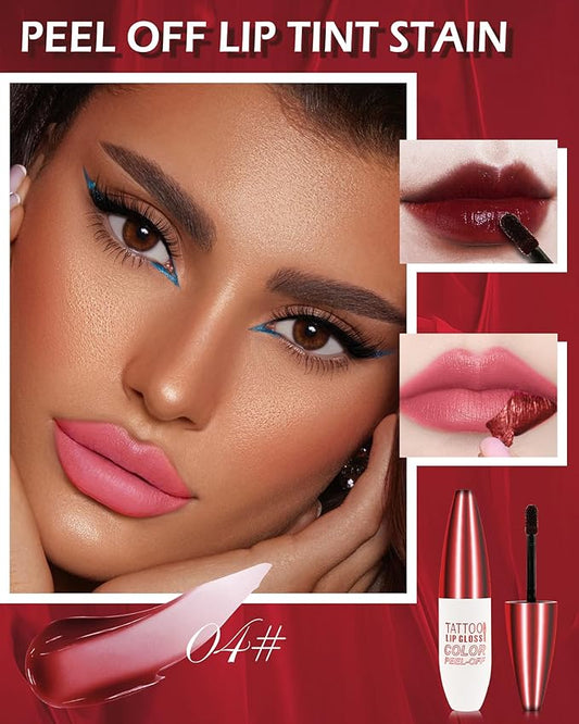 Peel Off Lip Stain - Nude Pink Matte Lip Liner Stain Waterproof Long Wear 24H, High Pigmented Lip Tattoo Peel Off Lip Tint Stain, Transfer-Proof & Non-Stick Cup, Liquid Lip Gloss Makeup for Women-04