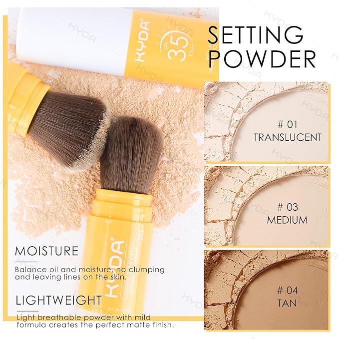 KYDA 2 Pcs Mineral Sunscreen Setting Powder, SPF 35, Translucent, Mineral Brush Powder, Oil Control Natural Matte Finish, Lasting Lightweight Breathable, for All Skin
