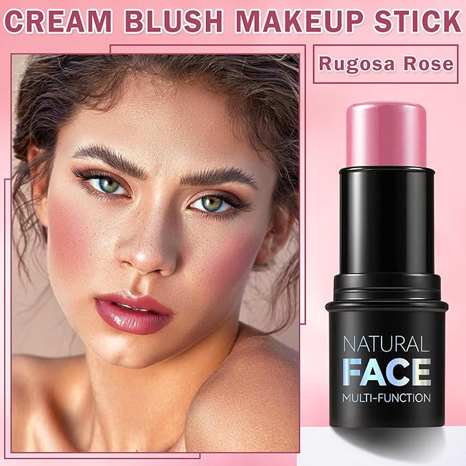 Cream Blush Stick Multi-use Blush Makeup Stick for Cheeks and Lips Blendable and Buildable Color Matte & Dewy Finish Lightweight Long Lasting(05 RUGOSA ROSE)