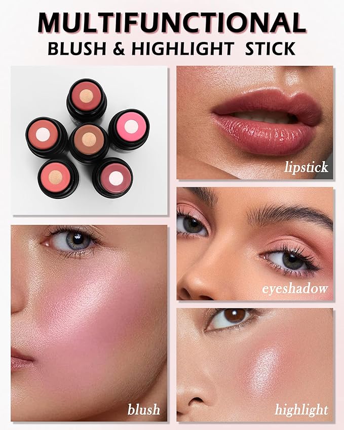 Cream Blush Stick for Cheeks-2Pcs Multi-Use Sandwich Makeup Blush Stick for Eyes Lips Face,Longlasting Tinted Matte Blush, Glow Blendable Blusher with Brush,Women's Day Gift for Women-01+06