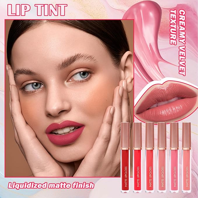 6 Colors Lip Tint Stain Set,Mini Liquid Lipstick Moisturizing Long Lasting Plumping High Pigmented Lip Gloss Set,Lightweight Non-Stick Cup Matte Lipstick for Waterproof Cheek and Lip Tint Makeup D
