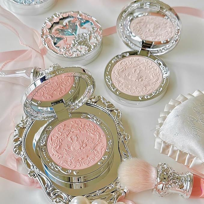 Flower Knows Swan Ballet Embossed Blush 01 Niveous Swan+Butterfly Cloud Collar Angled Powder Brush Frosty Wisteria