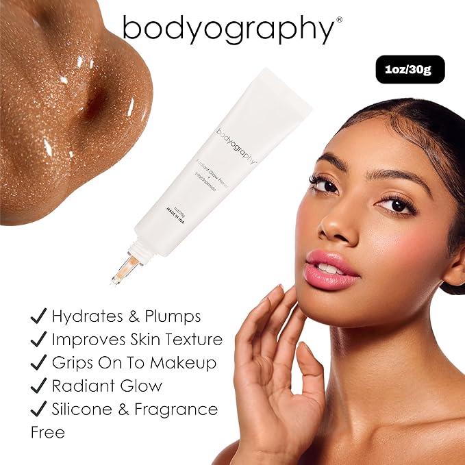 Bodyography Radiant Glow Primer + Niacinamide | Hydrating Makeup Primer with Light-Reflecting Pearls & Hyaluronic Acid | Silicone-Free Face Primer for a Long-Lasting Base