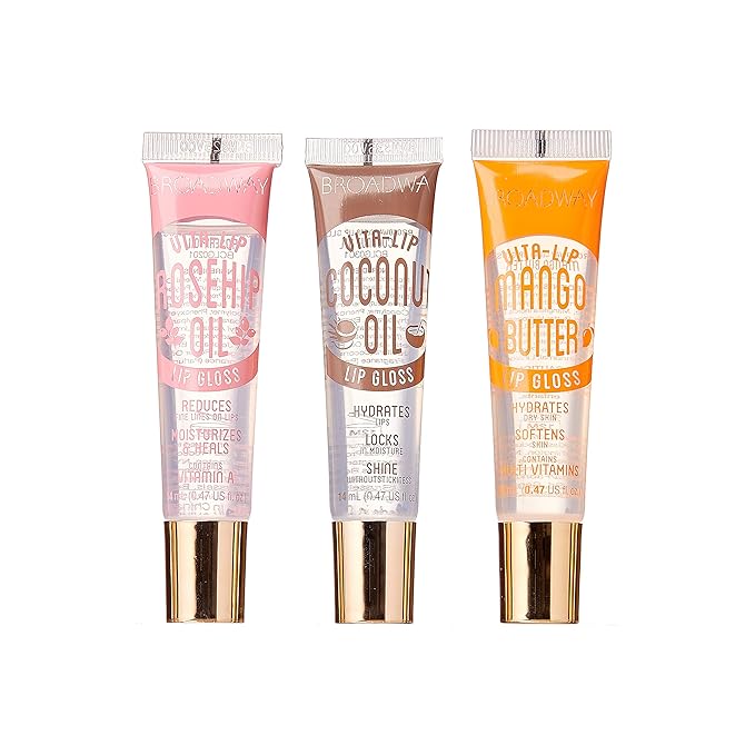 Ruby Kisses Broadway Vita-Lip Clear Lip Gloss (3 Pack Mango Butter, Rosehip, Coconut Oil), Ultra-Hydrating & Soothing Formula with Vitamin Oils, High-Shine Non-Sticky Finish, Healing Lip Balm