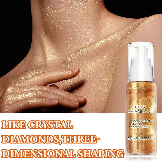 Body Shimmer Oil,Body Shimmer Luminizer for Face & Body,Waterproof Moisturizing Face Brighten Glow Illuminator,Body Highlighter Shine Glitter Liquid Illuminator Body Makeup(Gold)