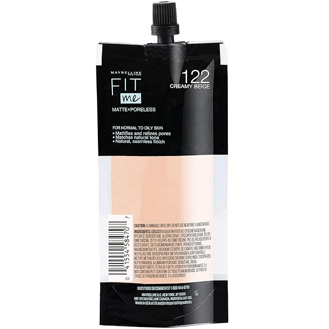 Maybelline New York Fit Me Matte + Poreless Liquid Foundation, Pouch Format, 122 Creamy Beige, 1.3 Ounce