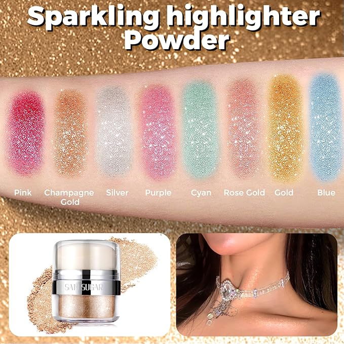 Body Shimmer Powder, Glitter Highlighter for Face, Liquid Highlighter Blush Body Glow Shimmer Powder Fairy Brightening Makeup Stick for Eyes, Hair (Champagne Gold, 1.13 Oz)