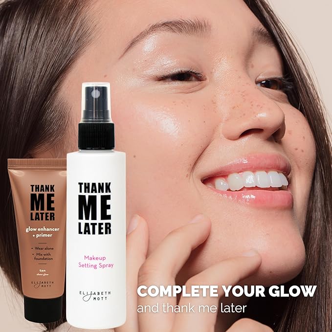 Elizabeth Mott Thank Me Later Glow Enhancer & Primer – Dermatologist & Allergy Tested – Illuminating Makeup Base & Highlighter for a Natural Glow – Vegan, Cruelty-Free - Tan Sheer Glow Shade, 30g
