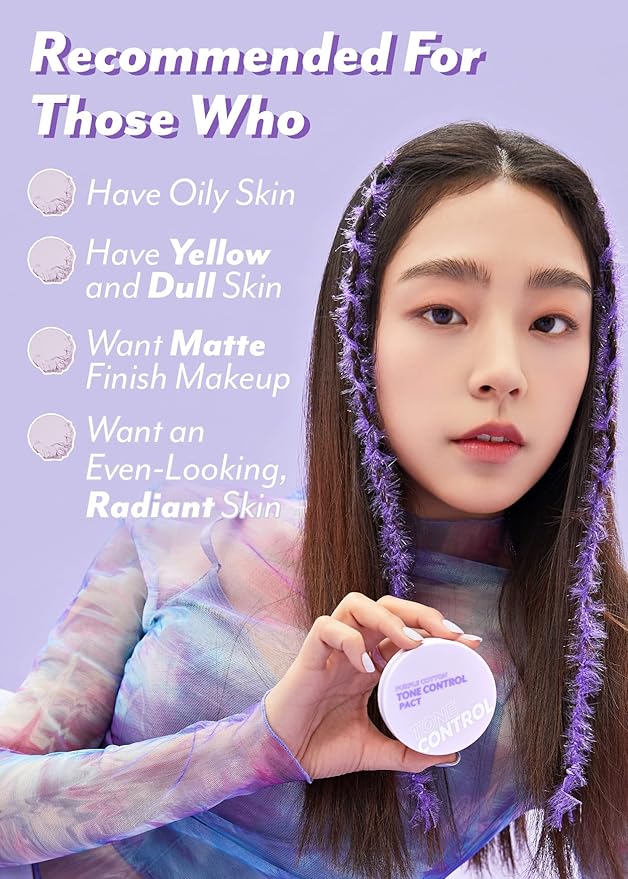I'M MEME Compact - Purple Cotton Tone Control Pact | Korean Pressed Setting Powder With Berry Complex, Mineral, Translucent, for Blurring Effect, Makeup Compact, Oily Skin, Natural Coverage, 0.35 Oz