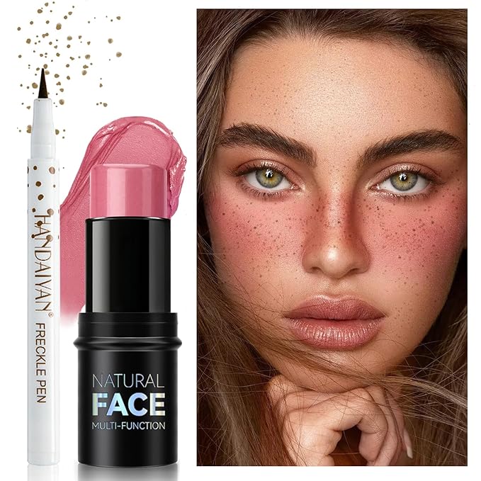 Freckle Pen Blush Stick Sunkissed Makeup Set, Natural Waterproof Fake Freckle Pen Long Lasting Quick Dry Soft Liquid Freckle Marker,Buildable Lightweight Solid Cream Blush for Cheeks