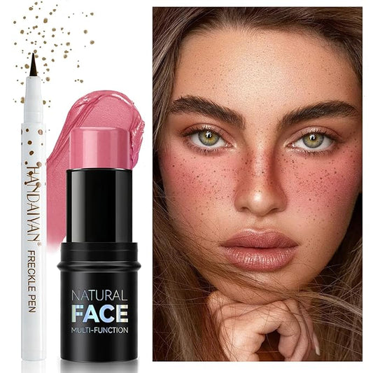 Freckle Pen Blush Stick Sunkissed Makeup Set, Natural Waterproof Fake Freckle Pen Long Lasting Quick Dry Soft Liquid Freckle Marker,Buildable Lightweight Solid Cream Blush for Cheeks