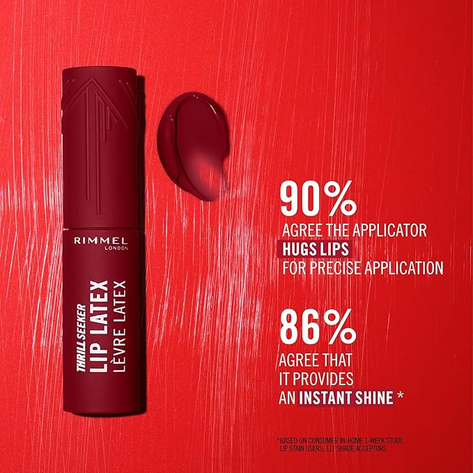 Rimmel Thrill Seeker Lip Latex, 450 Majesty, Liquid Lipstick, Lipgloss, Lip Colour, Hyaluronic Lipstick, Lip Stain, Smooth Shine, Hydration, Hyaluronic Acid, Vitamin E, Aloe Vera, 0.2oz