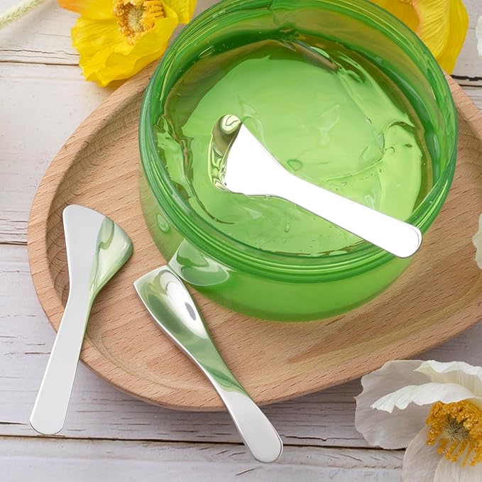 2pcs Mini Metal Makeup Spatula, Reusable Cosmetic Cream Spatulas Spoon, Skincare Scoop Applicator Facial Massage Beauty Tools for Mixing and Sampling Face Eye Cream- Silver