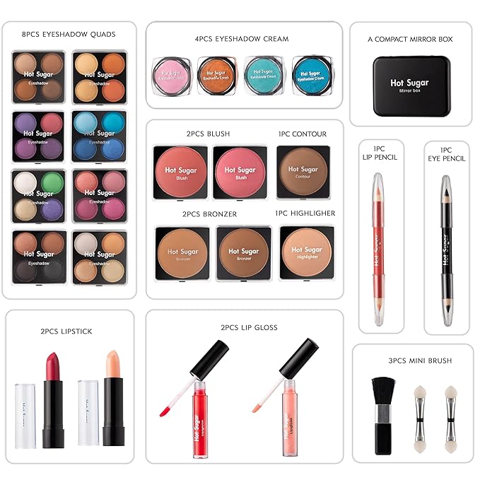 Hot Sugar Makeup Kit for Women Full Kit Teen Girls Starter Cosmetic Gift Set with Beautiful Rainbow Train Case Includes Pigmented Eyeshadow Palette Blush Lipstick Lip Pencil Eye Pencil (Rainbow)