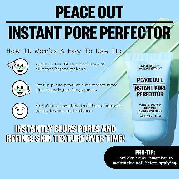 PEACE OUT Skincare Instant Pore Perfector, Skin Primer to Blur Pores, Reduce Redness and Extend Makeup Wear, Instant Filter Finish, Hyaluronic Acid and Niacinamide, Silicone-Free, 0.8 Oz