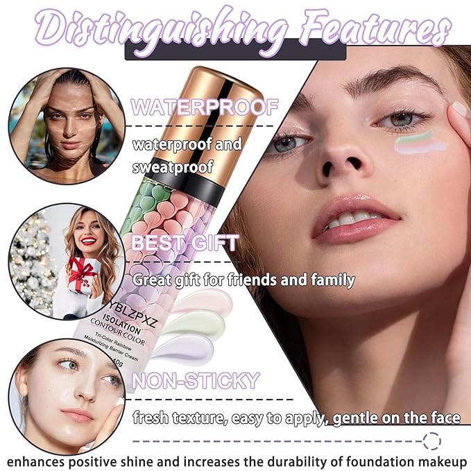 Tri-Color Corrector Isolation Cream, One Step Correcting Facial Serum Makeup Primer Base, Moisturizing Flawless Foundation