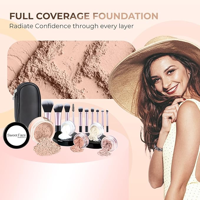 16pc STARTER KIT with 10 BRUSHES SET (LIGHT TAN) Mineral Makeup Bare Face Loose Powder Includes Matte Foundation, Veil Primer, Blush, Bronzer, Translucent Finishing Setting Powder SPF 30 Travel Size