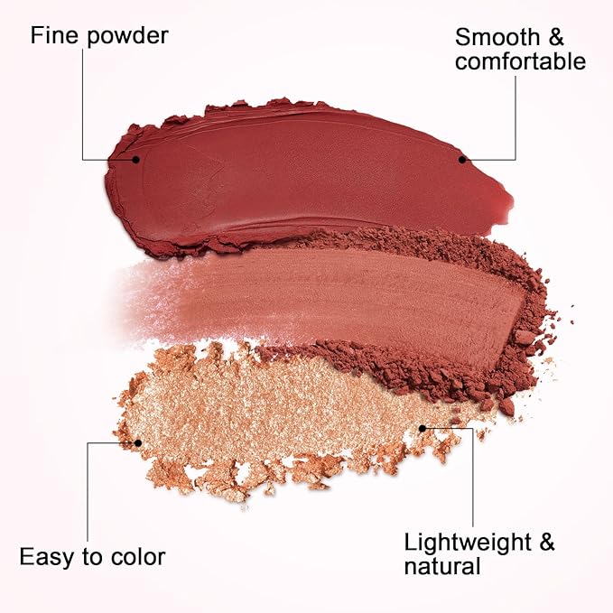 3 Color Highlighter Makeup Palette, Matte Powder Blush for Cheeks, Lightweight, Blendable, Shimmer Shadow Powder with Mirror, Easy to Create Natural Three-dimensional Look