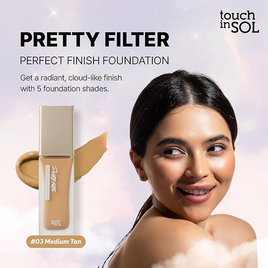 TOUCH IN SOL Pretty Filter Perfect Finish Foundation for Flawless, Natural Look - Lightweight and Full-Coverage Matte Base for All Skin Types, 1.18 fl.oz. (#3 Medium Tan)
