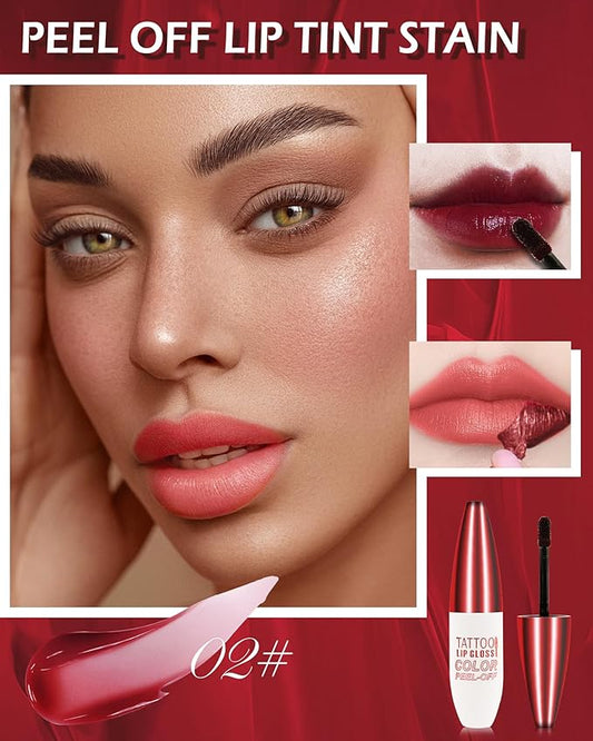 Peel Off Lip Stain - Nude Red Matte Lip Liner Stain Waterproof Long Wear 24H, Highly Pigmented Lip Tattoo Peel Off Lip Tint Stain, Transfer-Proof, Non-Stick Cup, Liquid Lip Gloss Makeup for Women-02