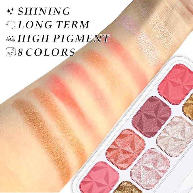 8 Colors Blush Palette Makeup, Face Highlighters Contouring Powder, Shimmer Bronzer Rubores De Maquillaje for Cheeks, Mineral Blushes Highlighting Shades Waterproof Illuminator Women Cosmetics