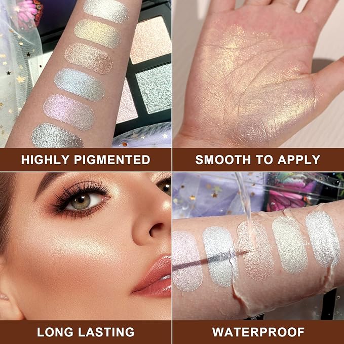 UCANBE Beauty Highlighter Makeup Palette - 6 Colors Shimmery Powder Makeup Palette Pearl White Blonde Blue Purple Silver Face Illuminator Palette Smooth Long Lasting Waterproof Blush Bronzer Kit