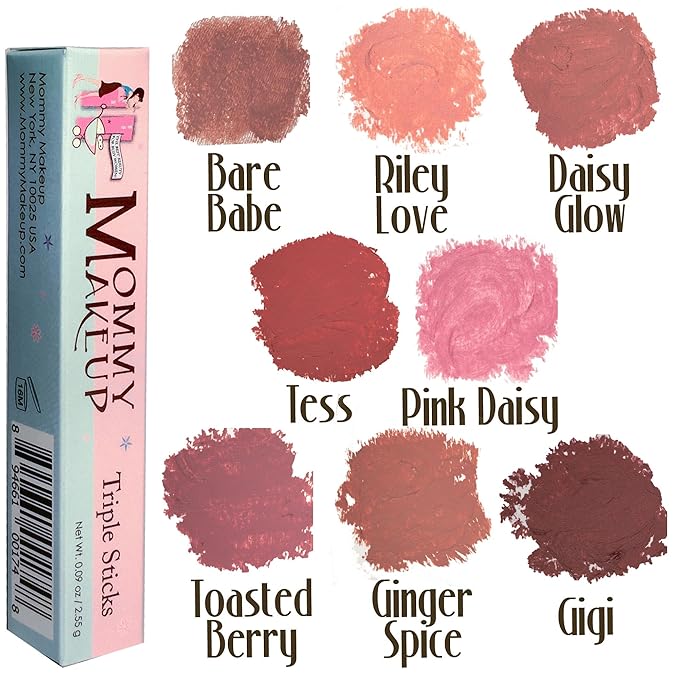 Mommy Makeup Triple Sticks Lipstick, Cream Blush & Teatment All-In-One with Shea & Cocoa Butter - Soft & Creamy Moisturizing Lip Crayon For Lips & Cheeks (Pink Daisy)