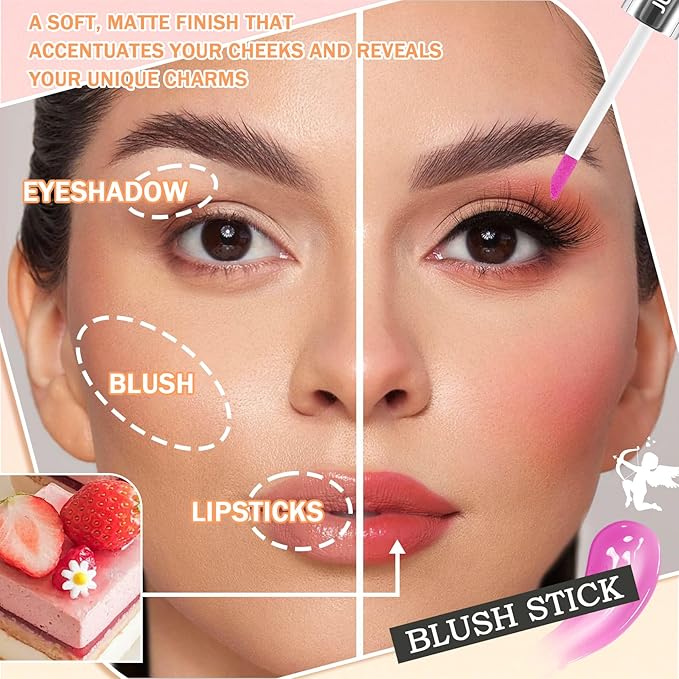Liquid Blush,Soft Cream Face Blush,Moisturizing Long Wearing Matte Blendable Blush Stick Makeup Set for Cheeks & Lip & Eye