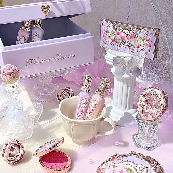 Flower Knows Violet Strawberry Rococo All-In Gift Set,11 Pack Makeup Box with Mirror,Lip Gloss×4+Blush×2+Eyeshadow Palette+Blush Brush×1+Handheld mirror×1+Hair Clip×1+Gift Box×1