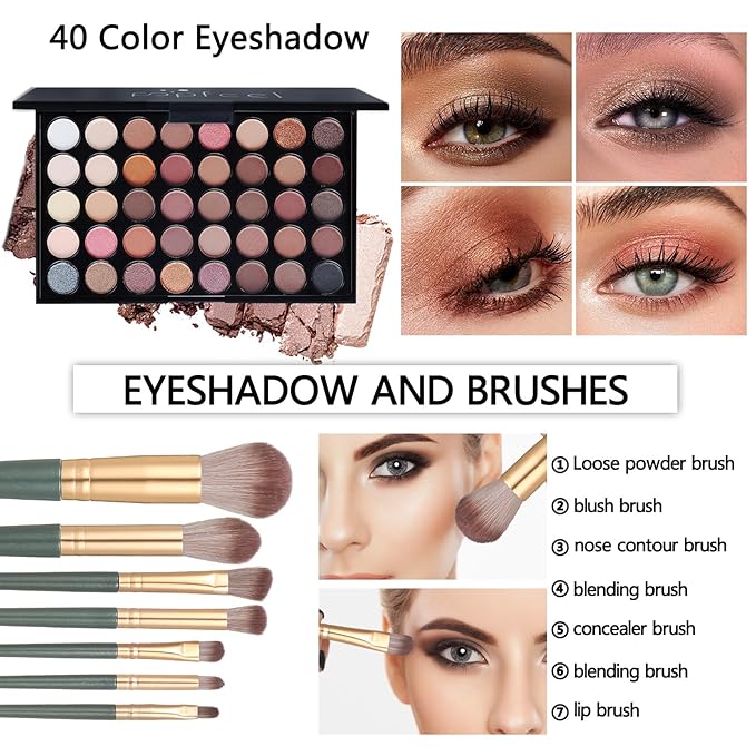 Full Makeup Kit for Girls - Eyeshadow Palette, Lip Gloss & Lipstick, Makeup Brushes, Foundation, Concealer, Mascara, Powder, Makeup Bag